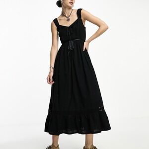 Reclaimed Vintage Prairie Cami Midi Dress Size 8 Black Goth Cottage Romantic